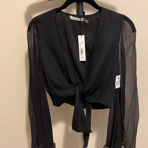 ALICE + OLIVIA CREPE DE CHINE CROP TOP WITH SHEER BELL SLEEVE SIZE XS BNWT